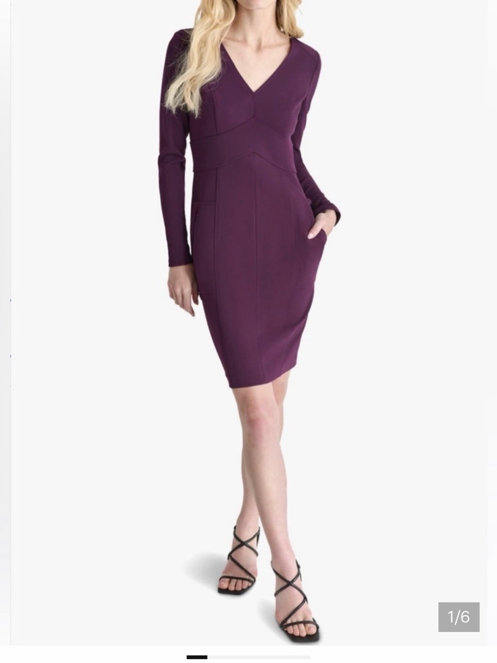 DKNY Deep Plum Long-Sleeve Sheath Dress for a desk to dinner look or night out.